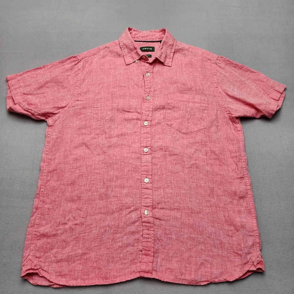 Orvis 100% Linen Shirt Short Sleeve Button Down Men's XL Salmon Coastal Beach